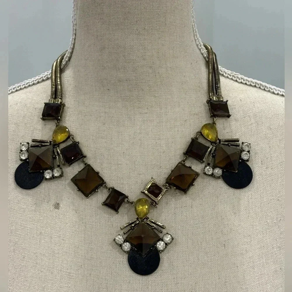 Vintage Sohi Denise gold costume statement necklace with yellow and brown stones - Picture 3 of 14